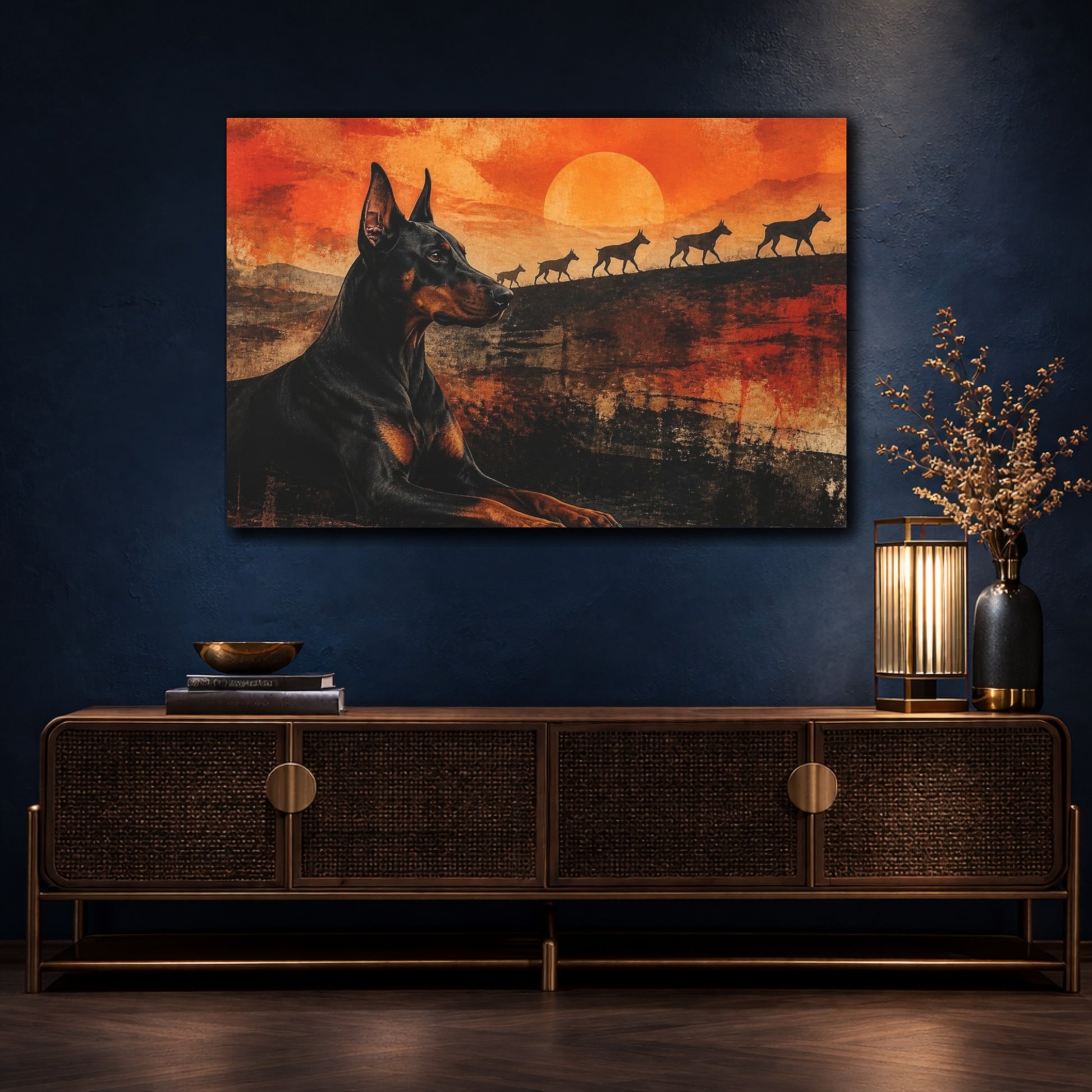 Mockup 4. Doberman Pets Sunset shown as canvas print