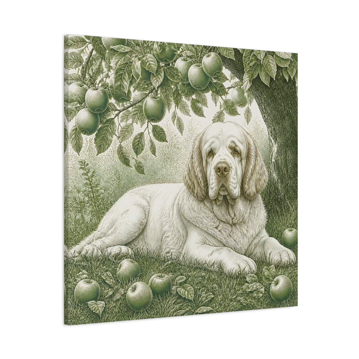 Main Mockup. Dog Beneath Apple Tree shown as canvas print