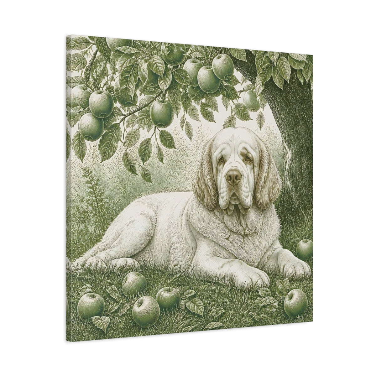 Side Mockup 3. Dog Beneath Apple Tree shown as canvas print