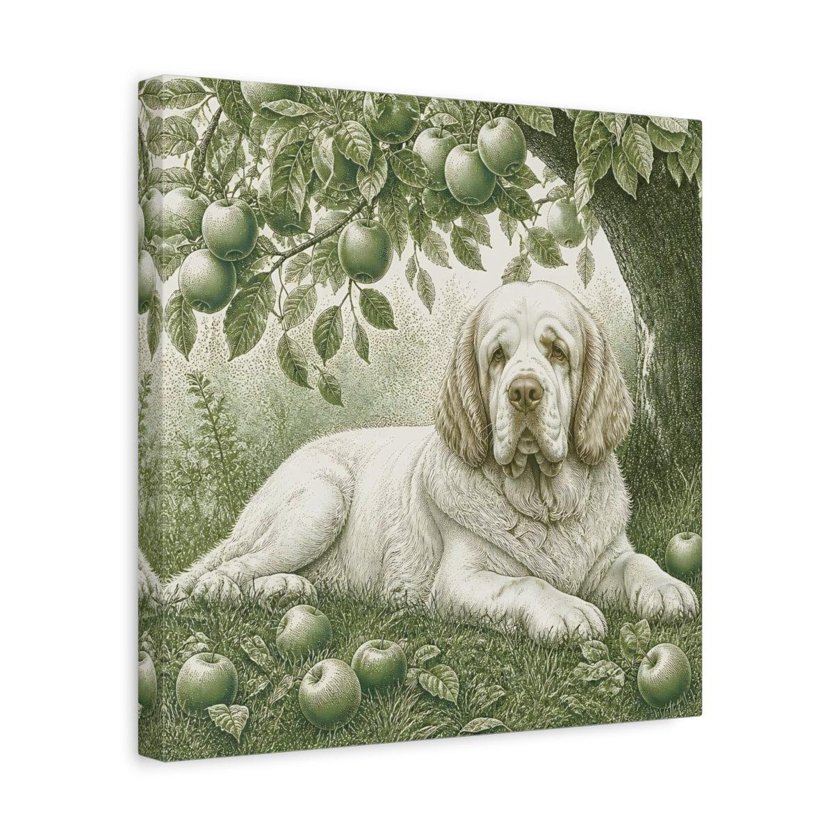 Side Mockup 7. Dog Beneath Apple Tree shown as canvas print