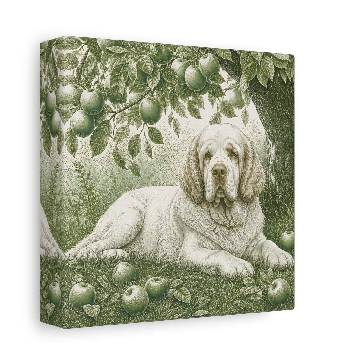 Side Mockup 2. Dog Beneath Apple Tree shown as canvas print
