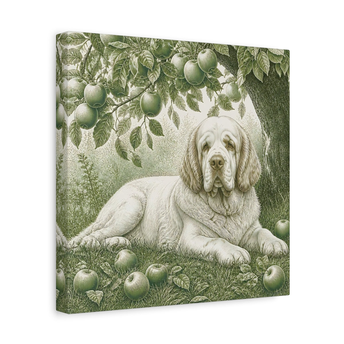 Side Mockup 8. Dog Beneath Apple Tree shown as canvas print