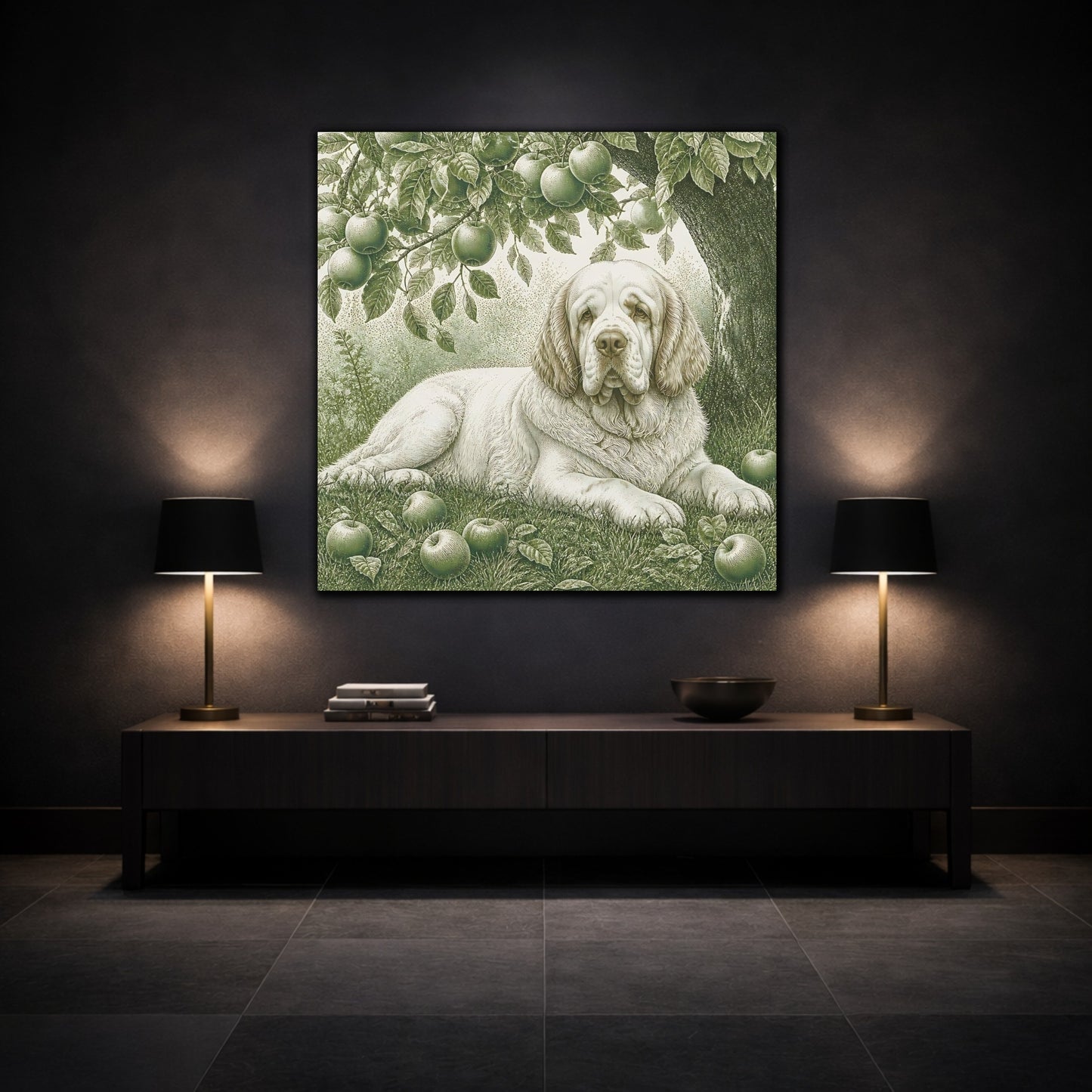Mockup 3. Dog Beneath Apple Tree shown as canvas print