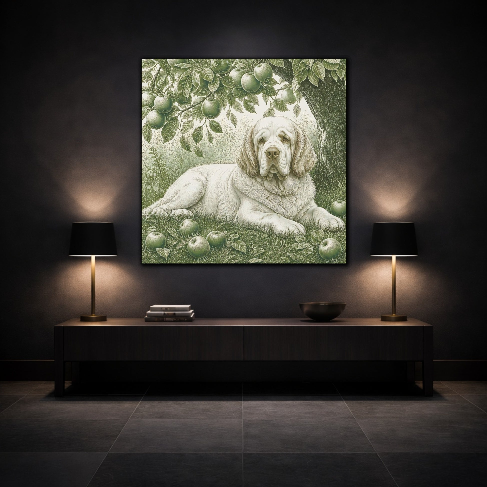 Mockup 3. Dog Beneath Apple Tree shown as canvas print