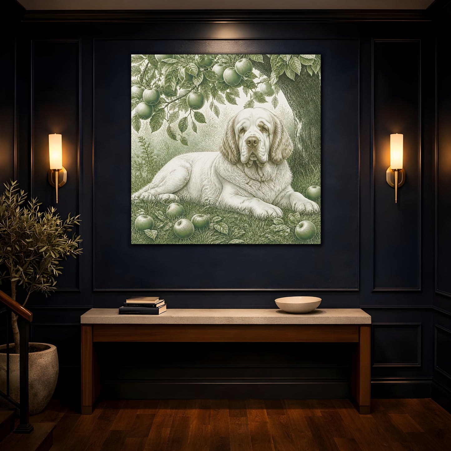 Mockup 4. Dog Beneath Apple Tree shown as canvas print