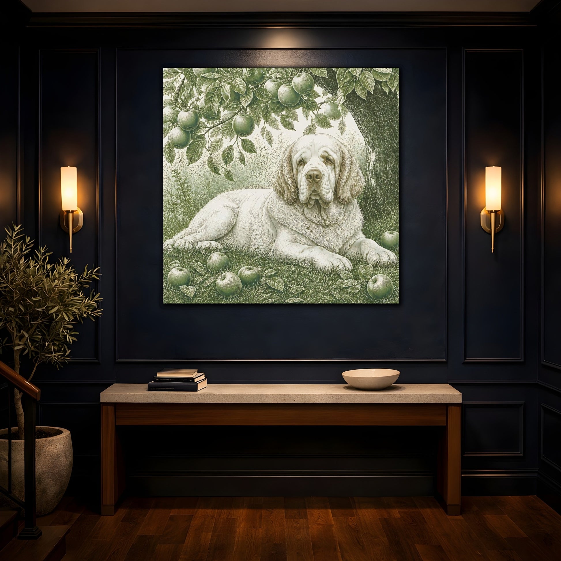 Mockup 4. Dog Beneath Apple Tree shown as canvas print