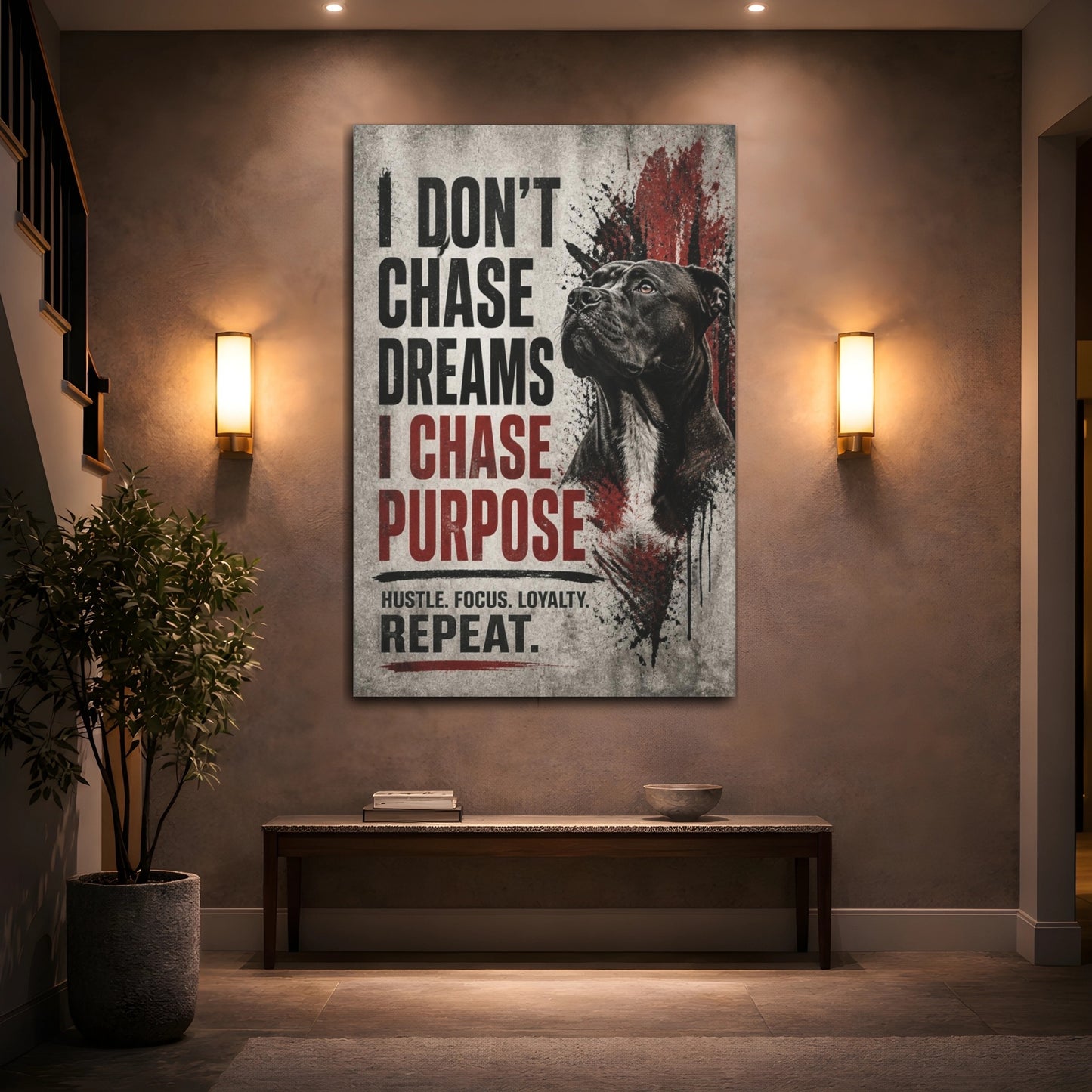 Mockup 2. Dog Hustle Quote shown as canvas print