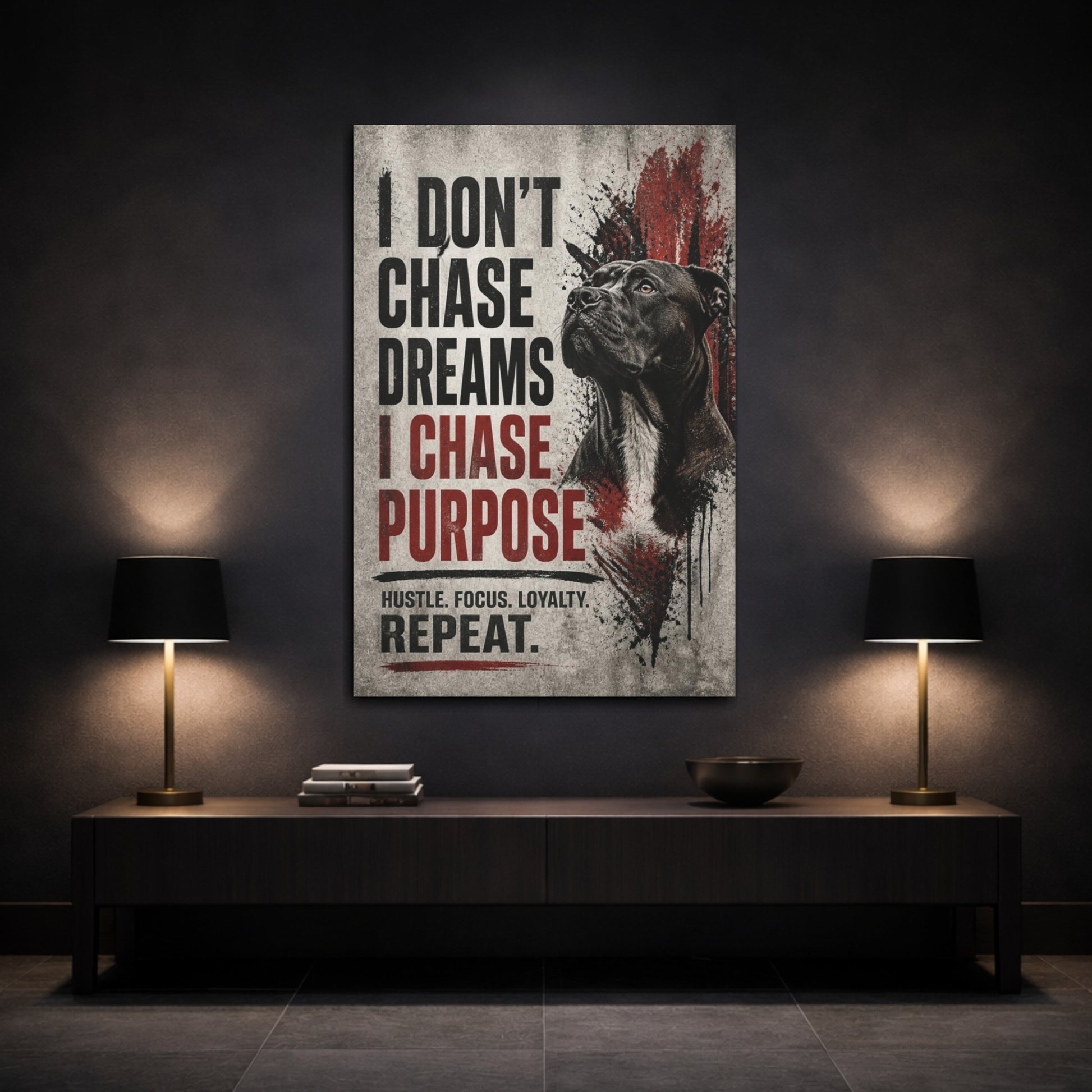 Mockup 3. Dog Hustle Quote shown as canvas print