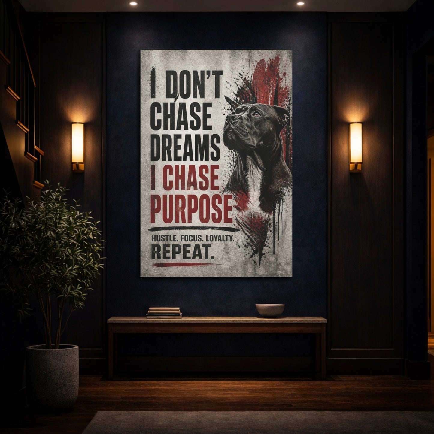 Mockup 4. Dog Hustle Quote shown as canvas print