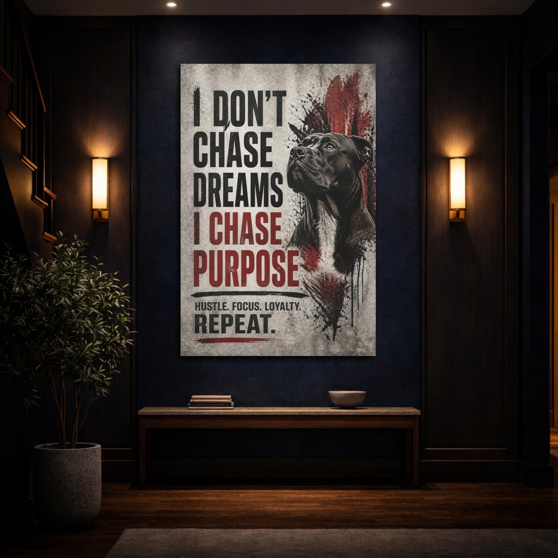 Mockup 4. Dog Hustle Quote shown as canvas print