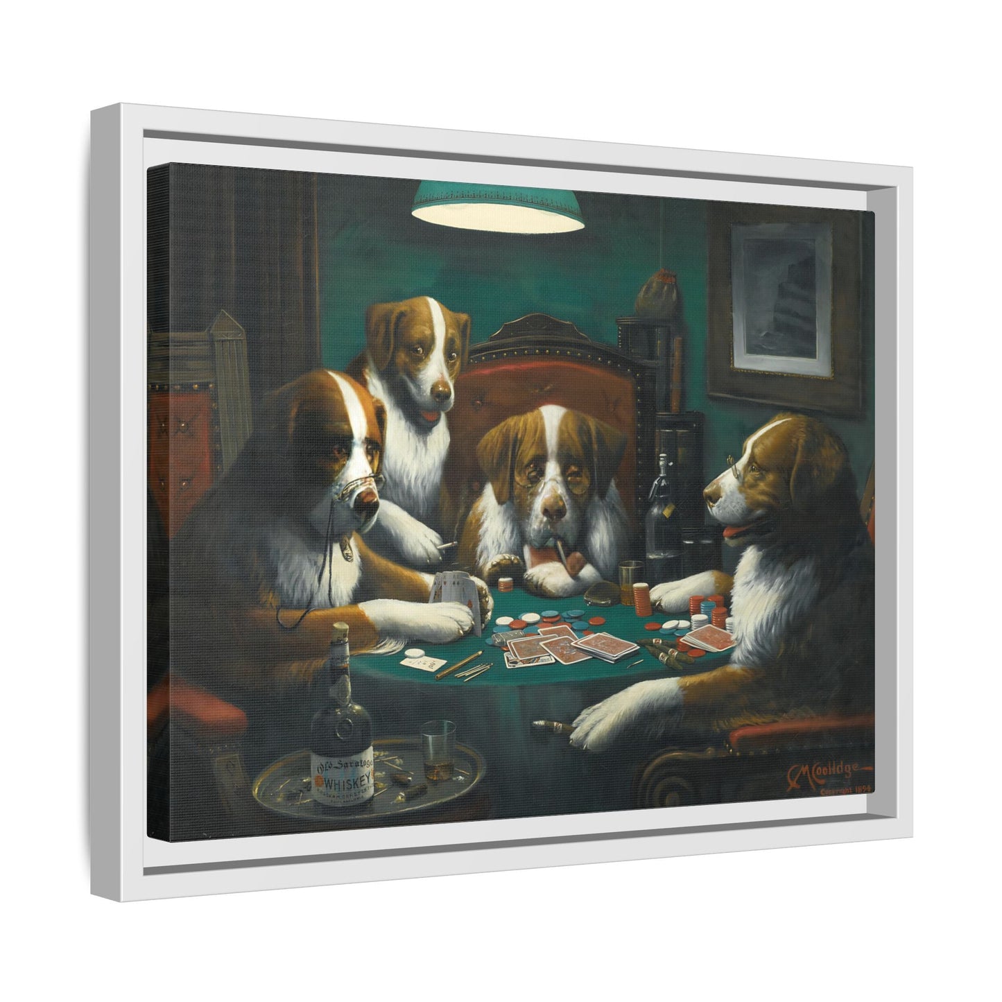 Dogs Playing Poker Framed Canvas Print - Funny Animal Cassius Coolidge Wall Art