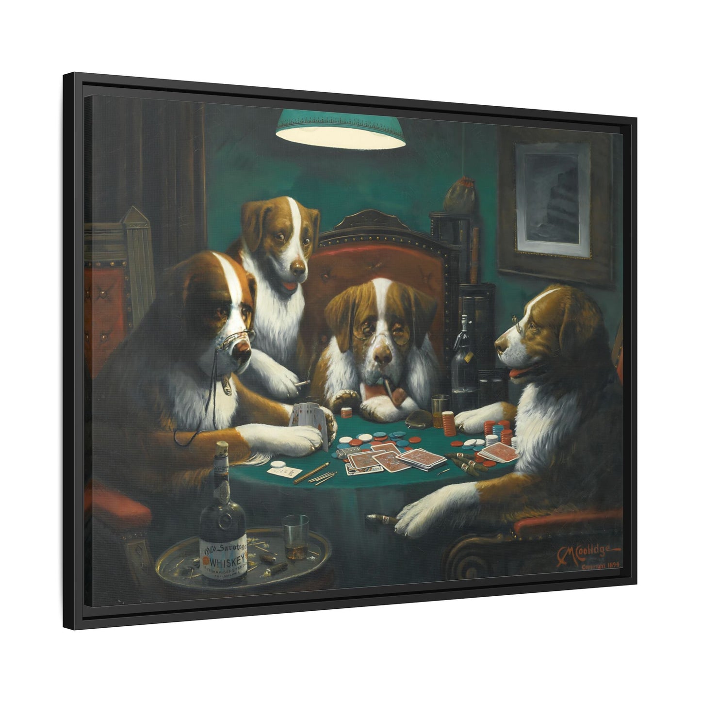 Dogs Playing Poker Framed Canvas Print - Funny Animal Cassius Coolidge Wall Art