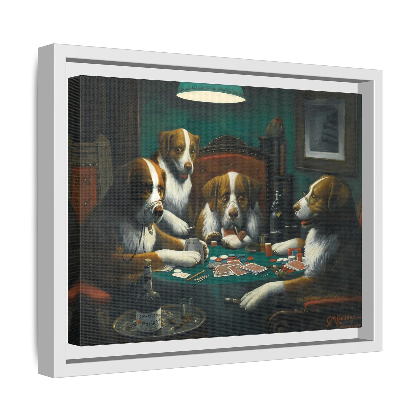 Dogs Playing Poker Framed Canvas Print - Funny Animal Cassius Coolidge Wall Art