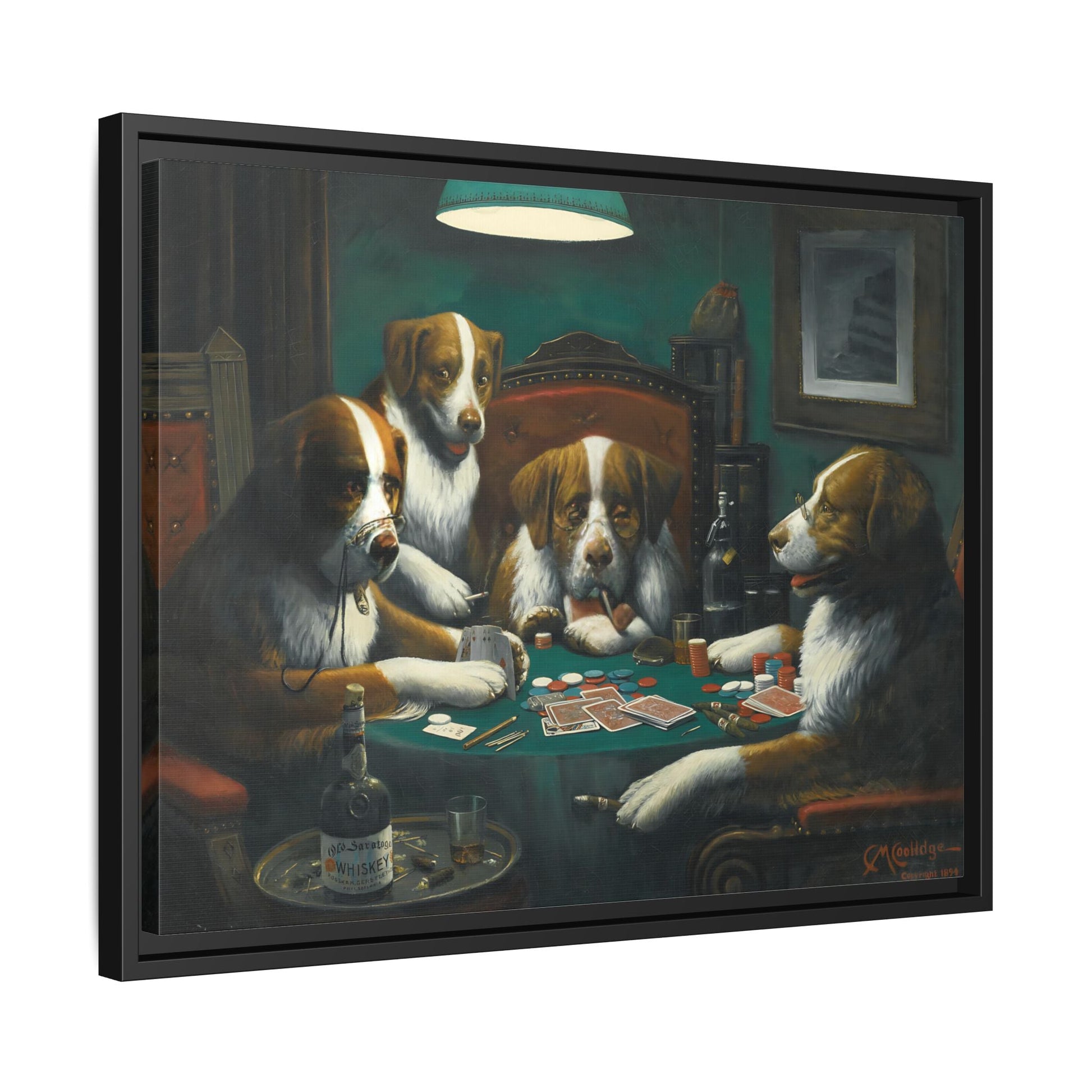 Dogs Playing Poker Framed Canvas Print - Funny Animal Cassius Coolidge Wall Art