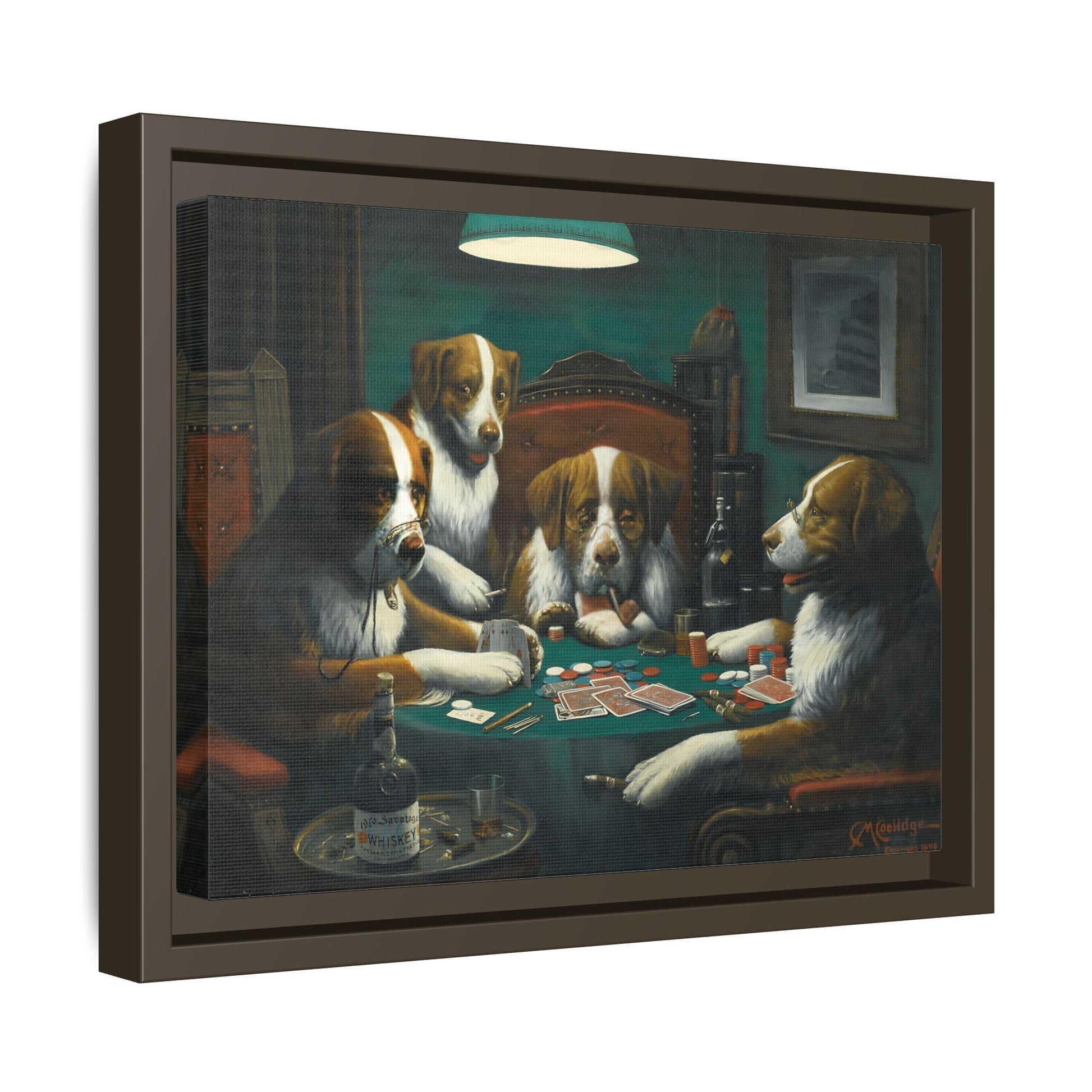 Dogs Playing Poker Framed Canvas Print - Funny Animal Cassius Coolidge Wall Art