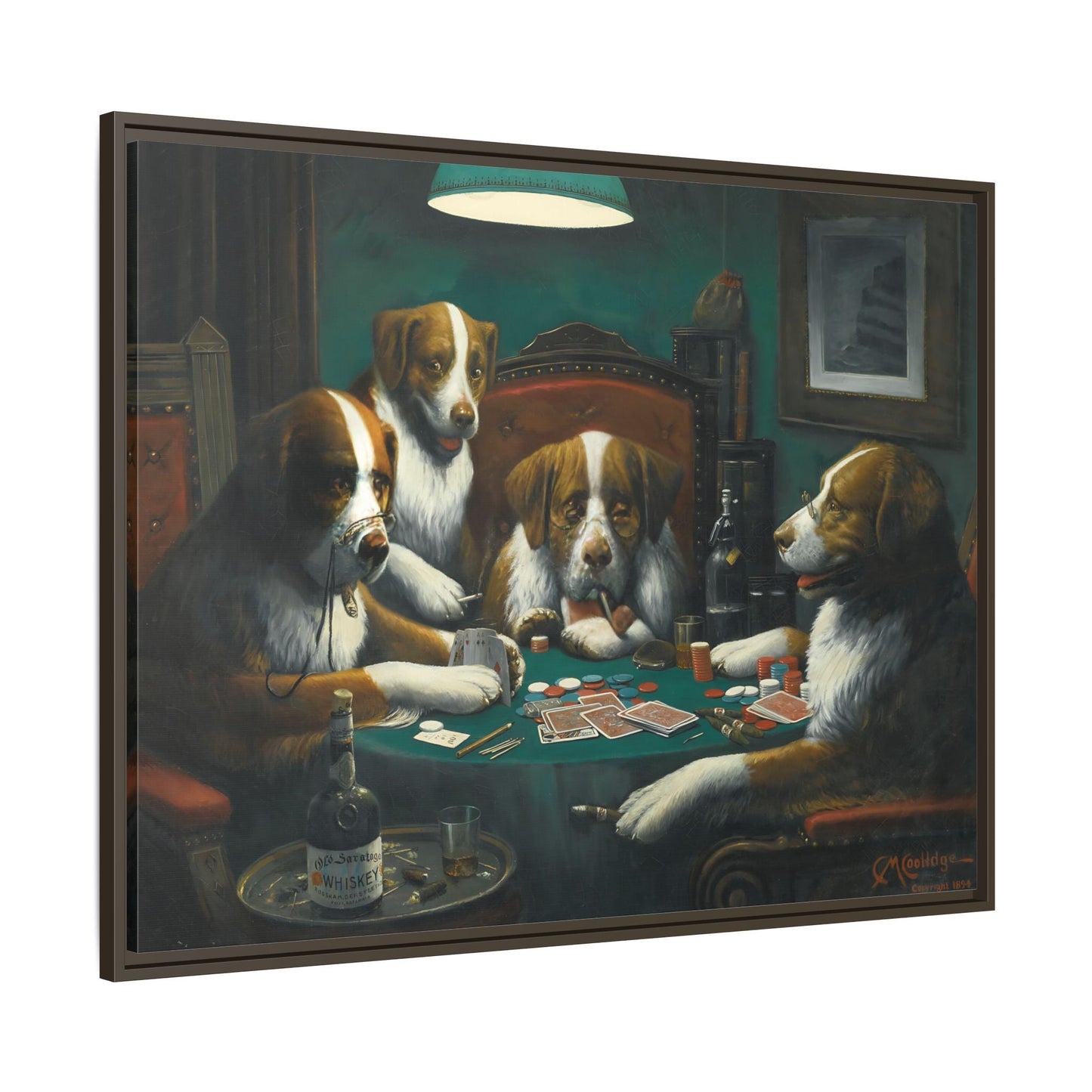 Dogs Playing Poker Framed Canvas Print - Funny Animal Cassius Coolidge Wall Art