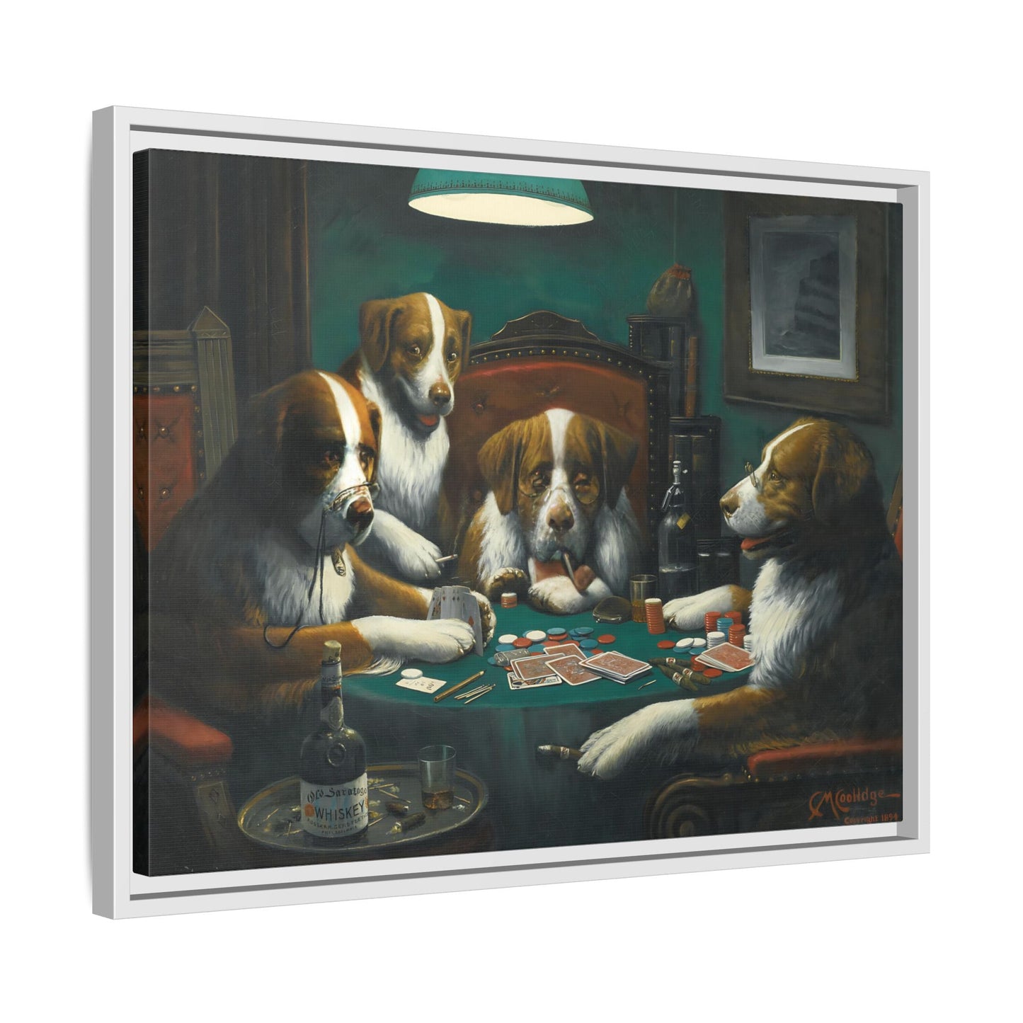 Dogs Playing Poker Framed Canvas Print - Funny Animal Cassius Coolidge Wall Art