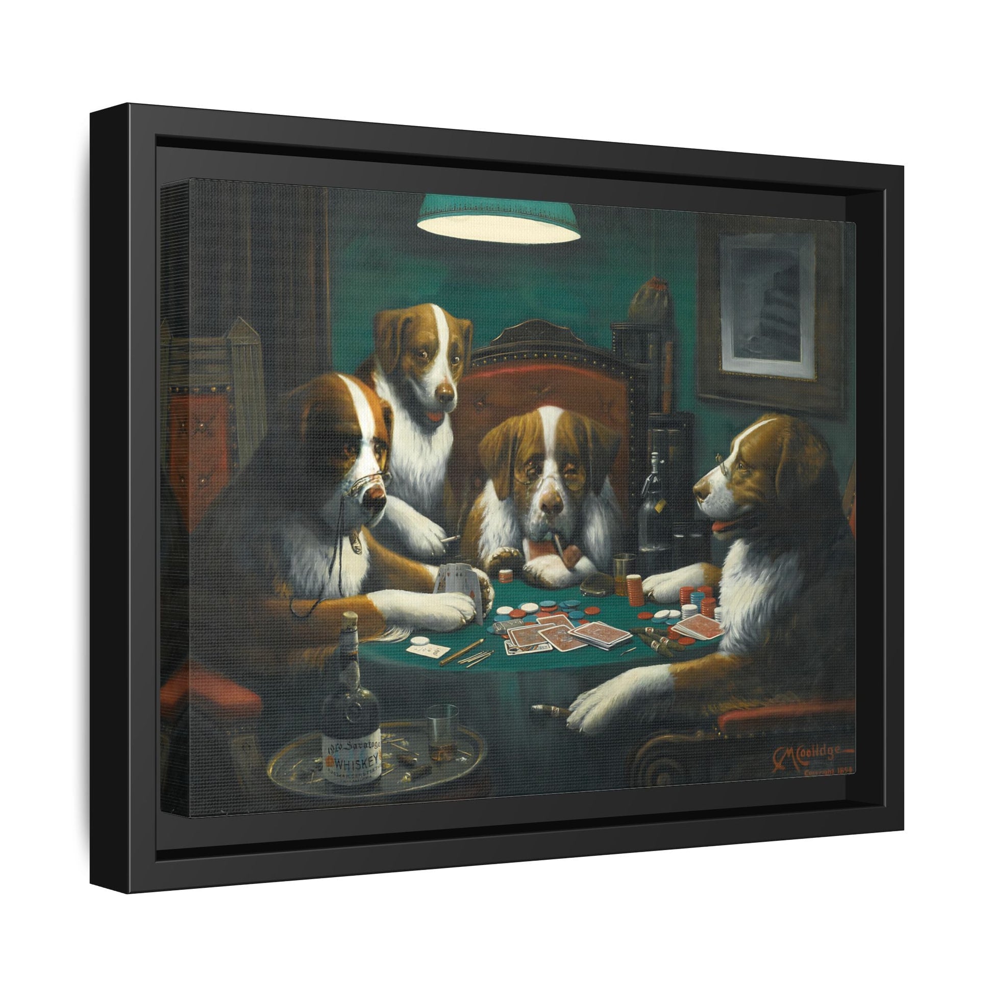 Dogs Playing Poker Framed Canvas Print - Funny Animal Cassius Coolidge Wall Art