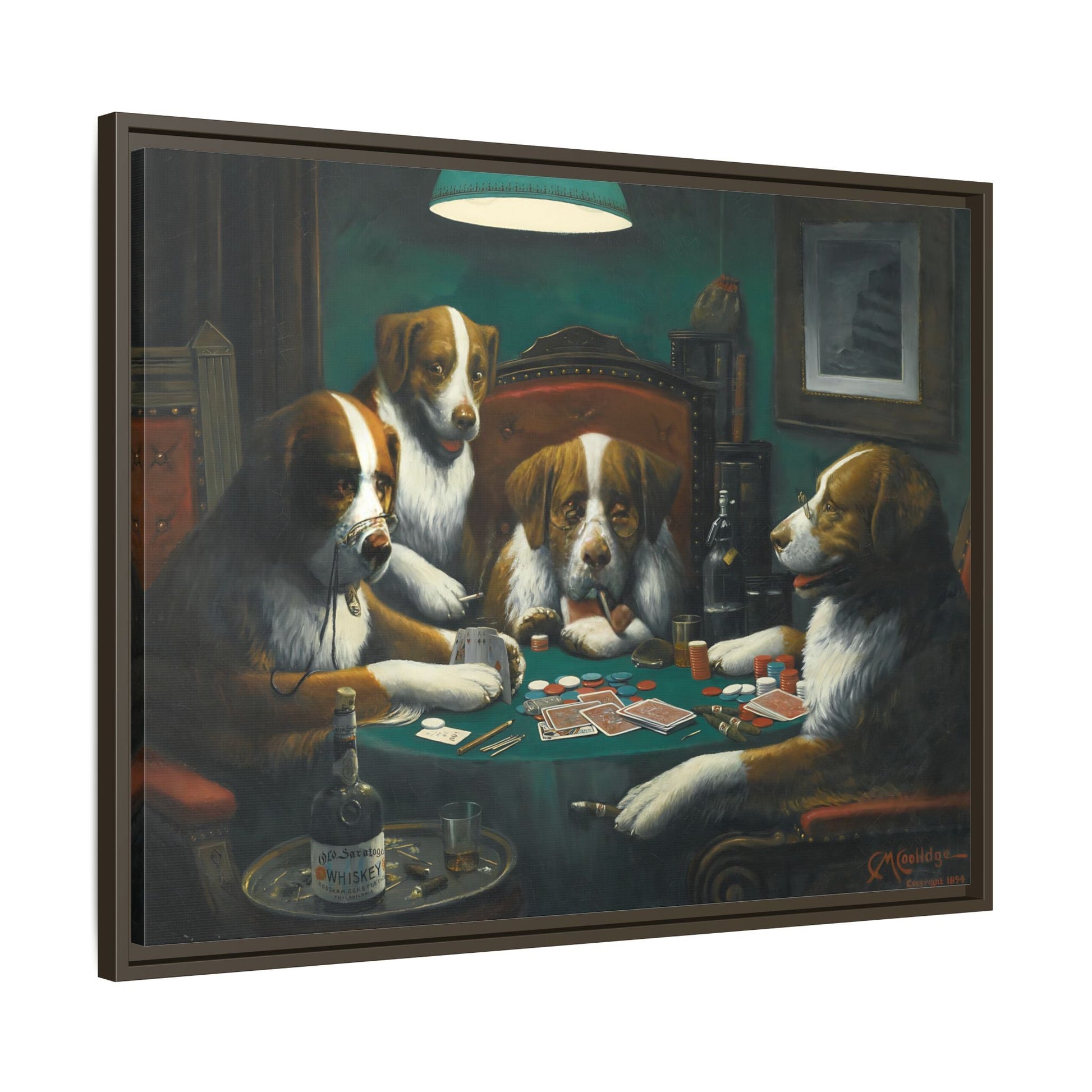 Dogs Playing Poker Framed Canvas Print - Funny Animal Cassius Coolidge Wall Art