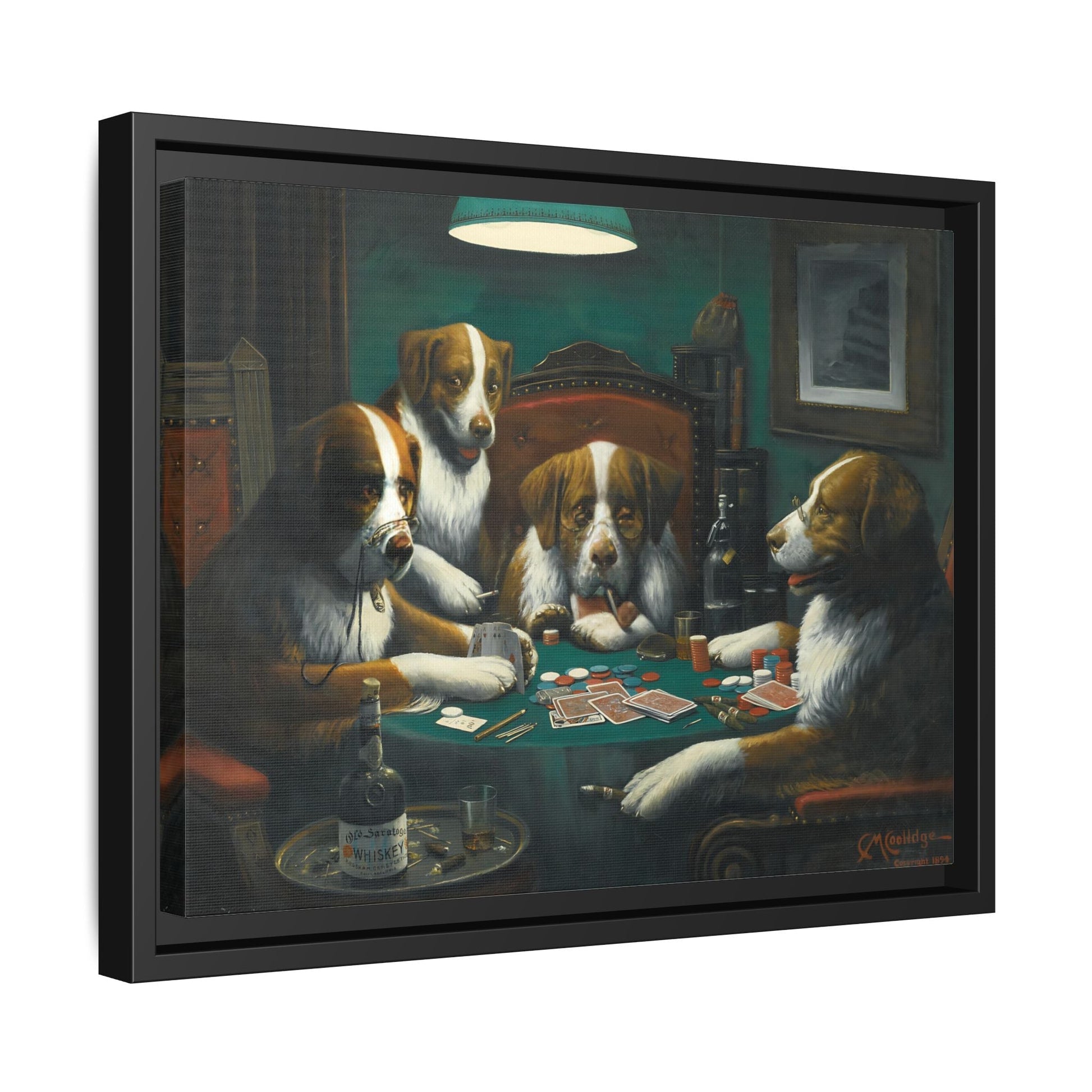 Dogs Playing Poker Framed Canvas Print - Funny Animal Cassius Coolidge Wall Art