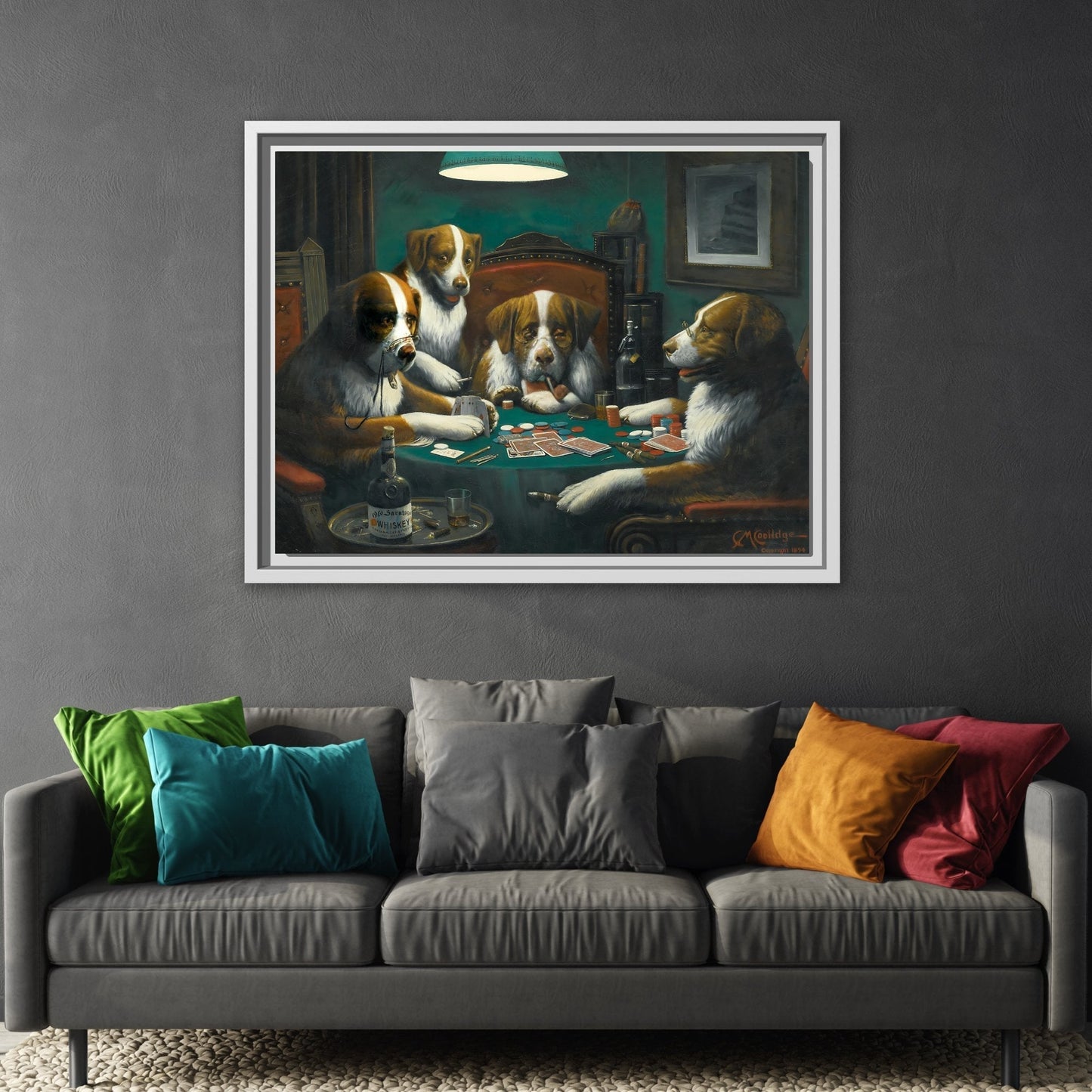 Dogs Playing Poker Framed Canvas Print - Funny Animal Cassius Coolidge Wall Art