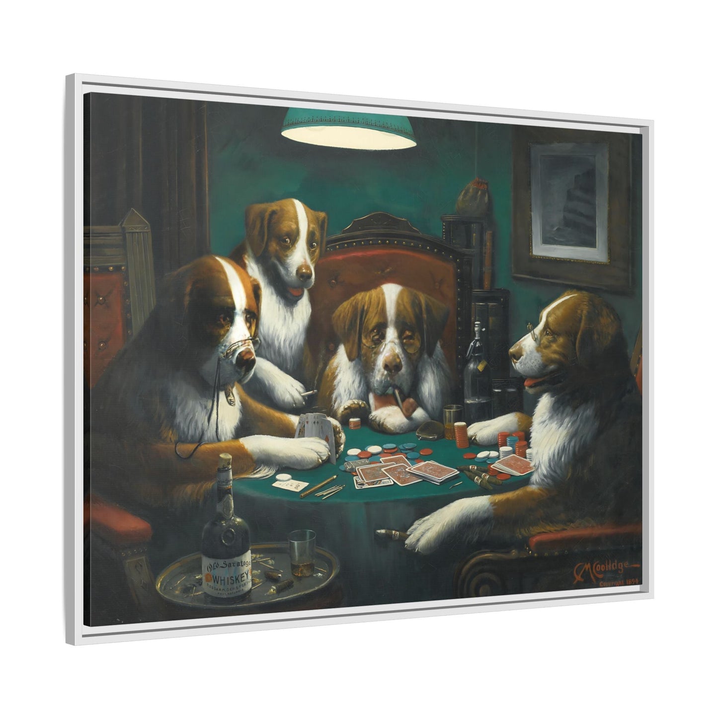 Dogs Playing Poker Framed Canvas Print - Funny Animal Cassius Coolidge Wall Art