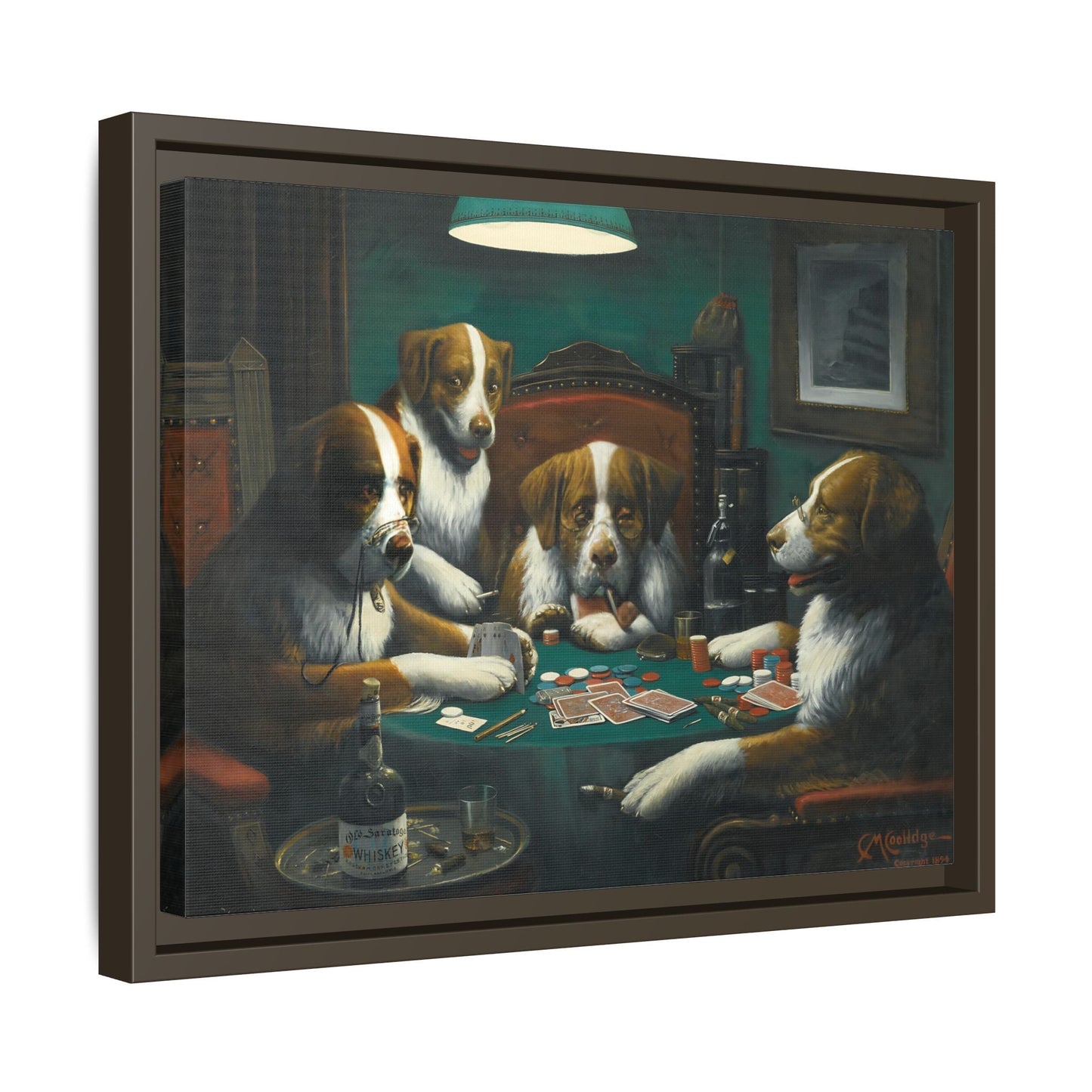 Dogs Playing Poker Framed Canvas Print - Funny Animal Cassius Coolidge Wall Art