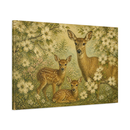 Main Mockup. Dogwood Doe And Fawns shown as canvas print