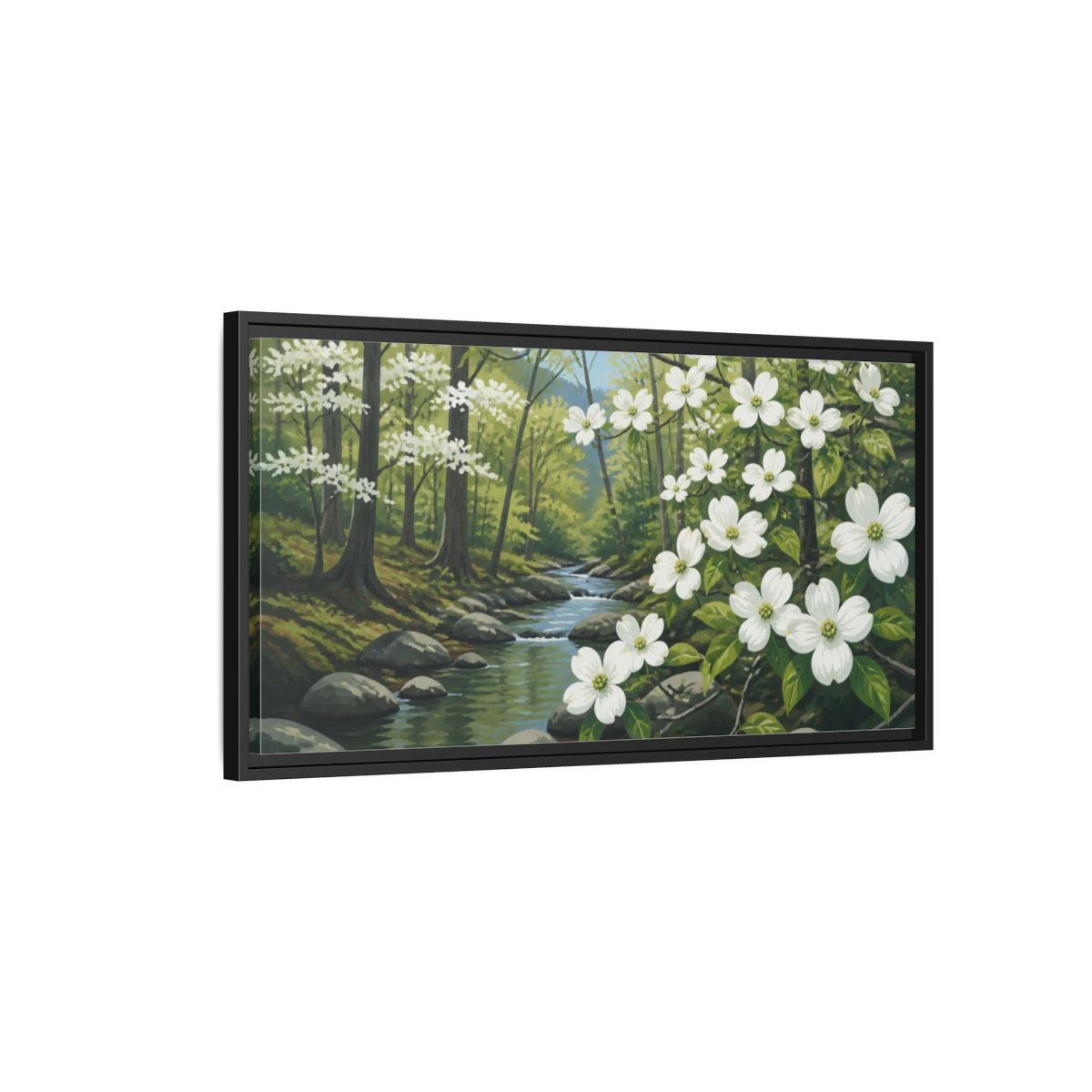 Side Mockup 2. Dogwood Nature Stream shown as framed canvas print