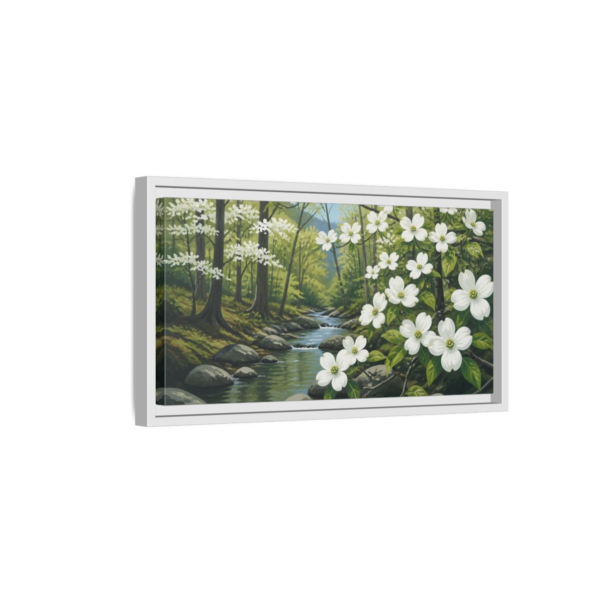 Side Mockup 6. Dogwood Nature Stream shown as framed canvas print