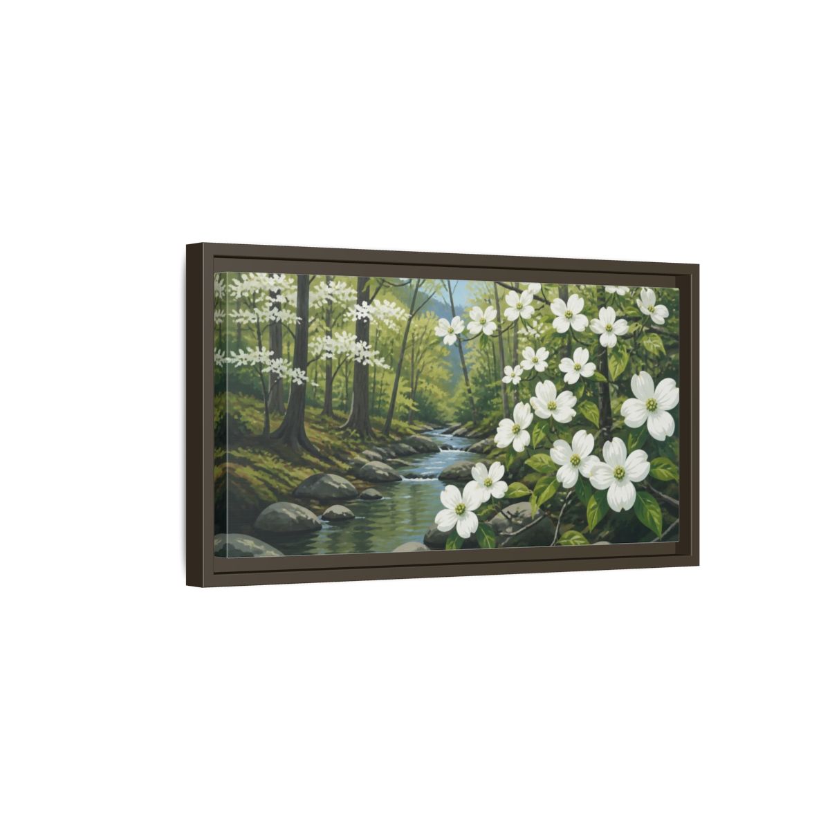 Side Mockup 7. Dogwood Nature Stream shown as framed canvas print