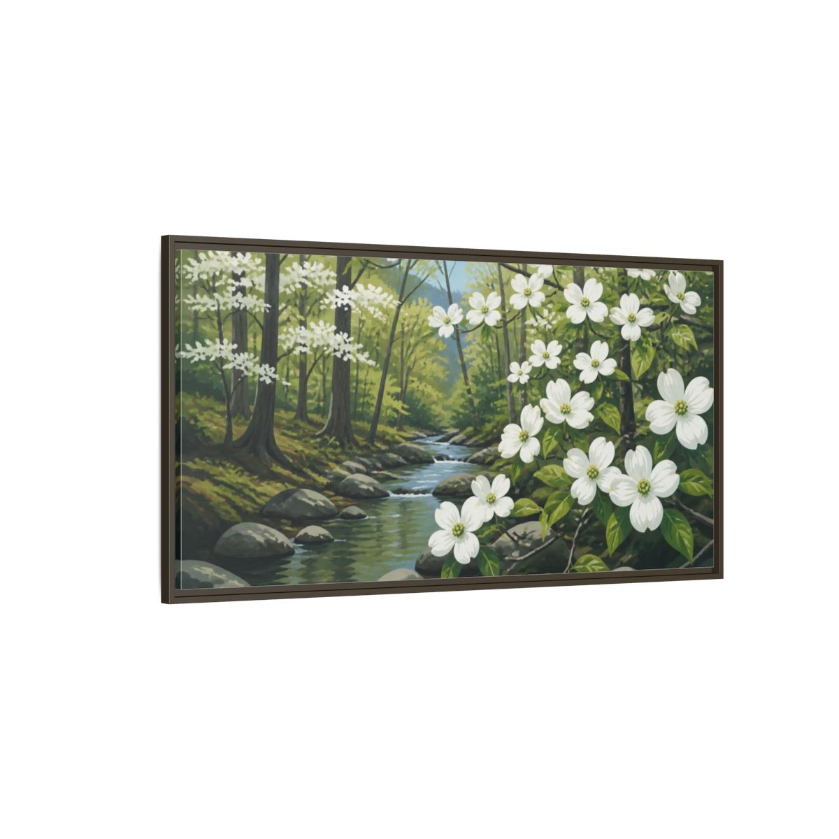 Side Mockup 4. Dogwood Nature Stream shown as framed canvas print