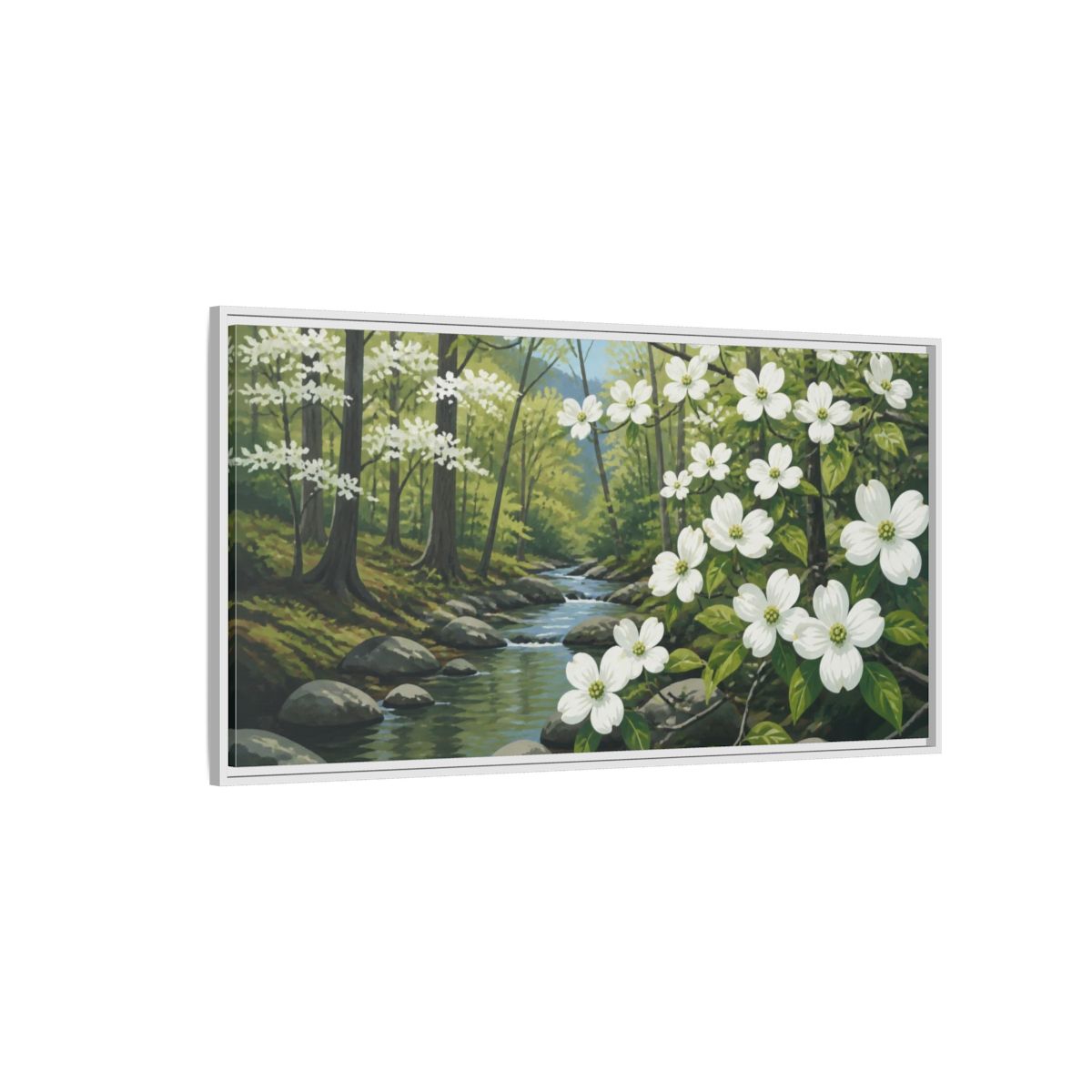 Side Mockup 3. Dogwood Nature Stream shown as framed canvas print