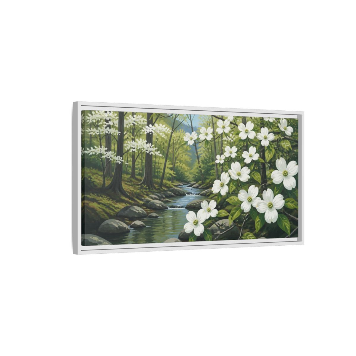 Side Mockup 1. Dogwood Nature Stream shown as framed canvas print