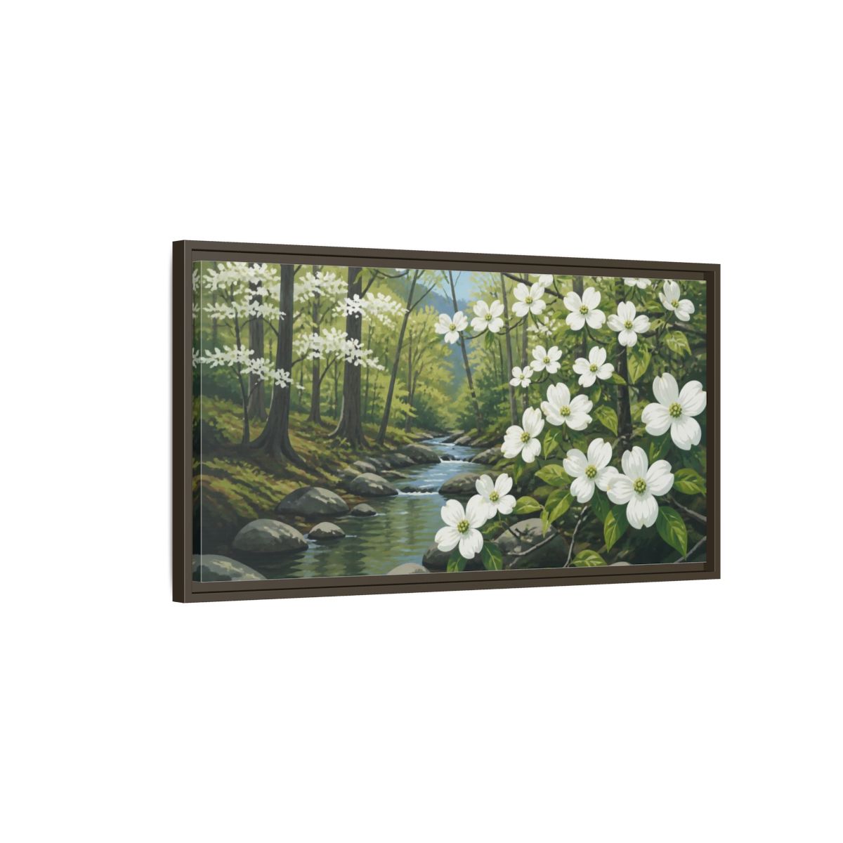 Main Mockup. Dogwood Nature Stream shown as framed canvas print