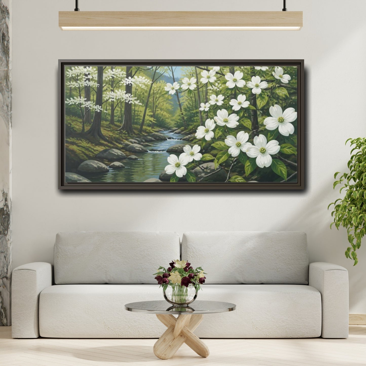 Mockup 2. Dogwood Nature Stream shown as framed canvas print