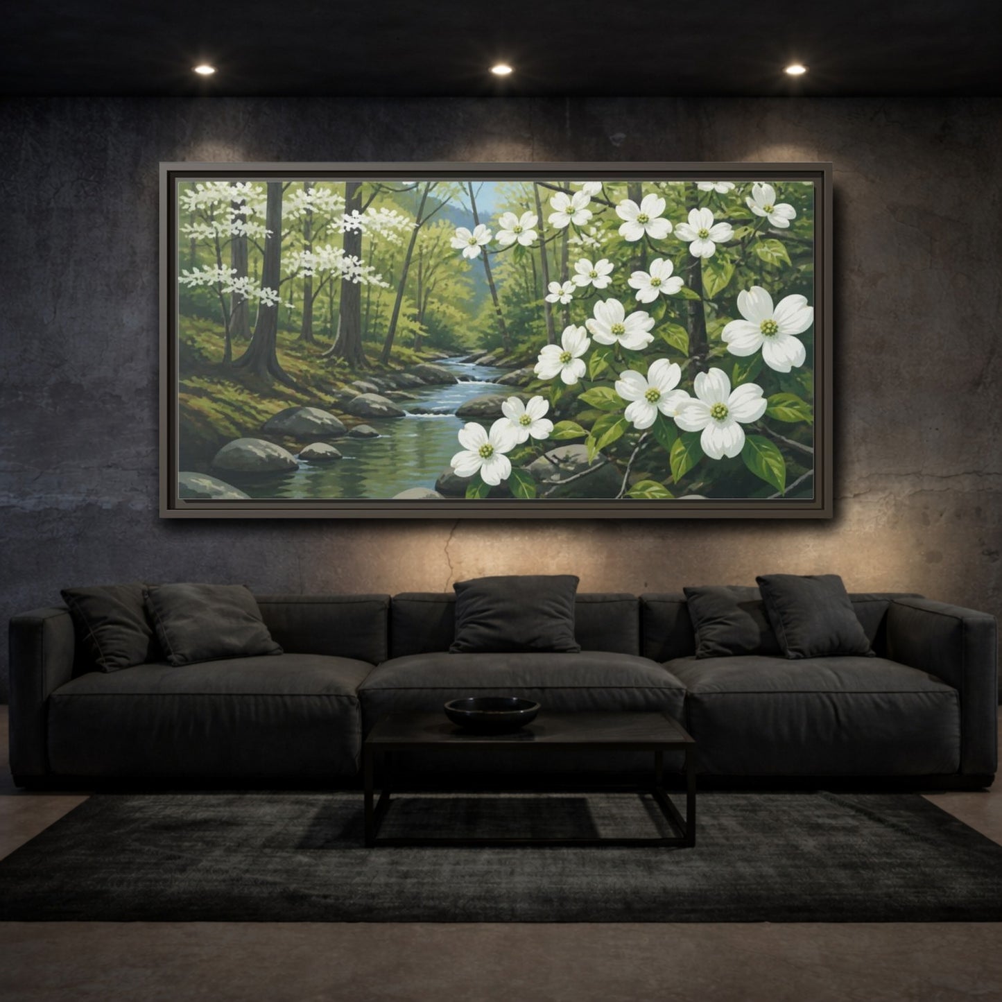 Mockup 3. Dogwood Nature Stream shown as framed canvas print