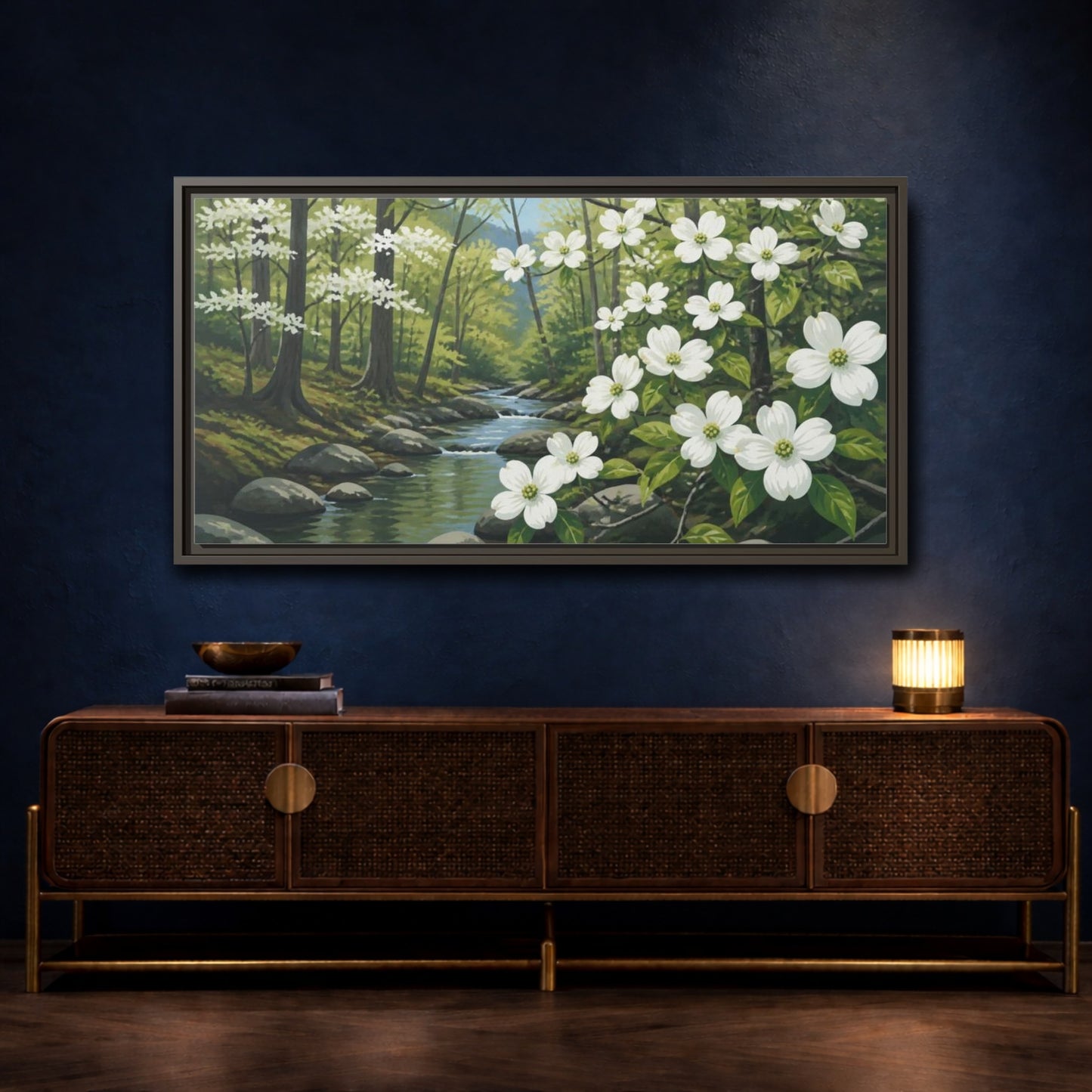 Mockup 4. Dogwood Nature Stream shown as framed canvas print