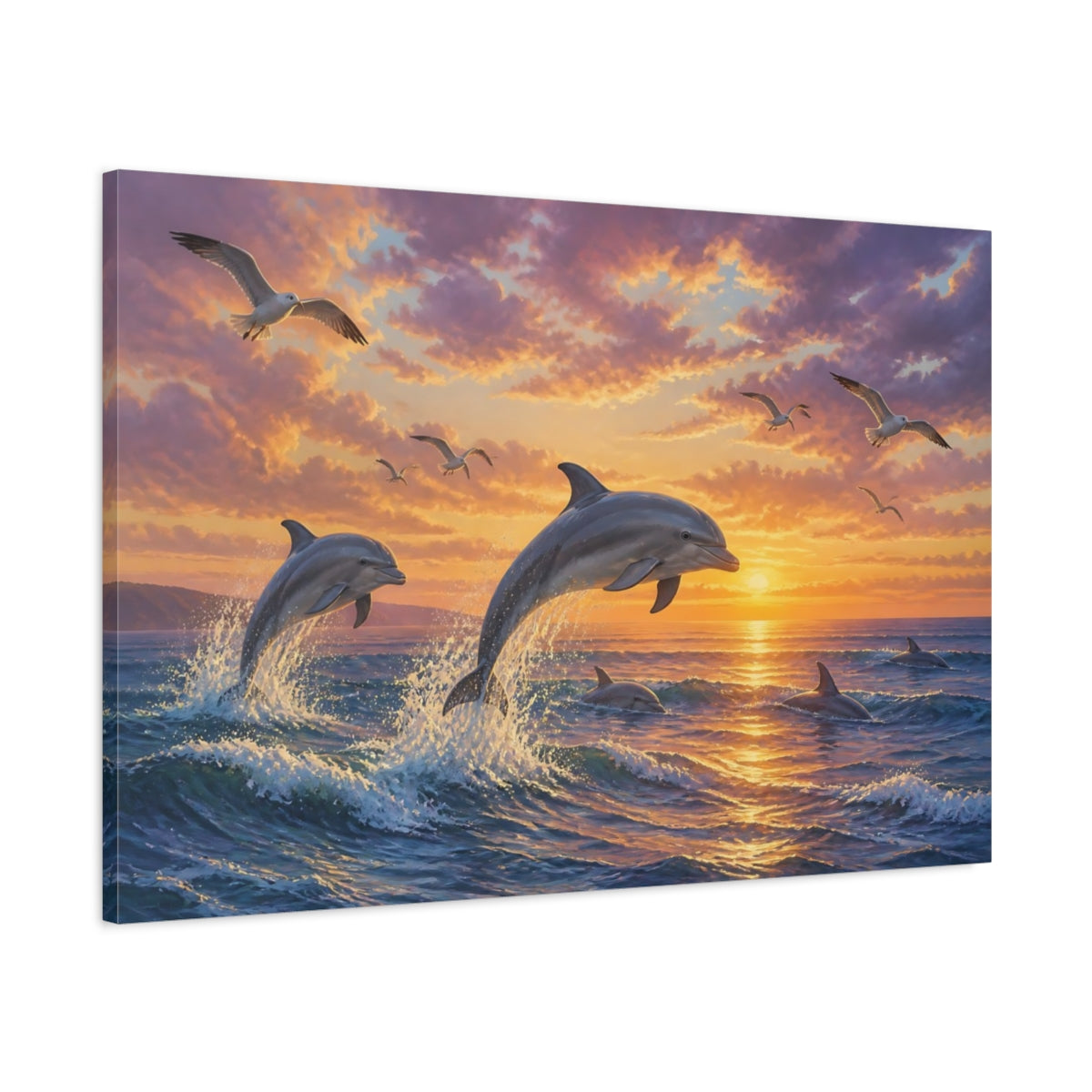 Main Mockup. Dolphins At Sunset Animals shown as canvas print