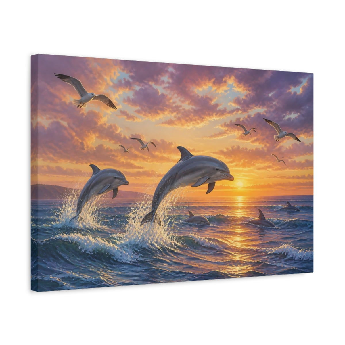 Side Mockup 3. Dolphins At Sunset Animals shown as canvas print