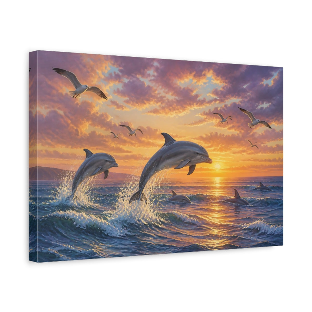 Side Mockup 4. Dolphins At Sunset Animals shown as canvas print