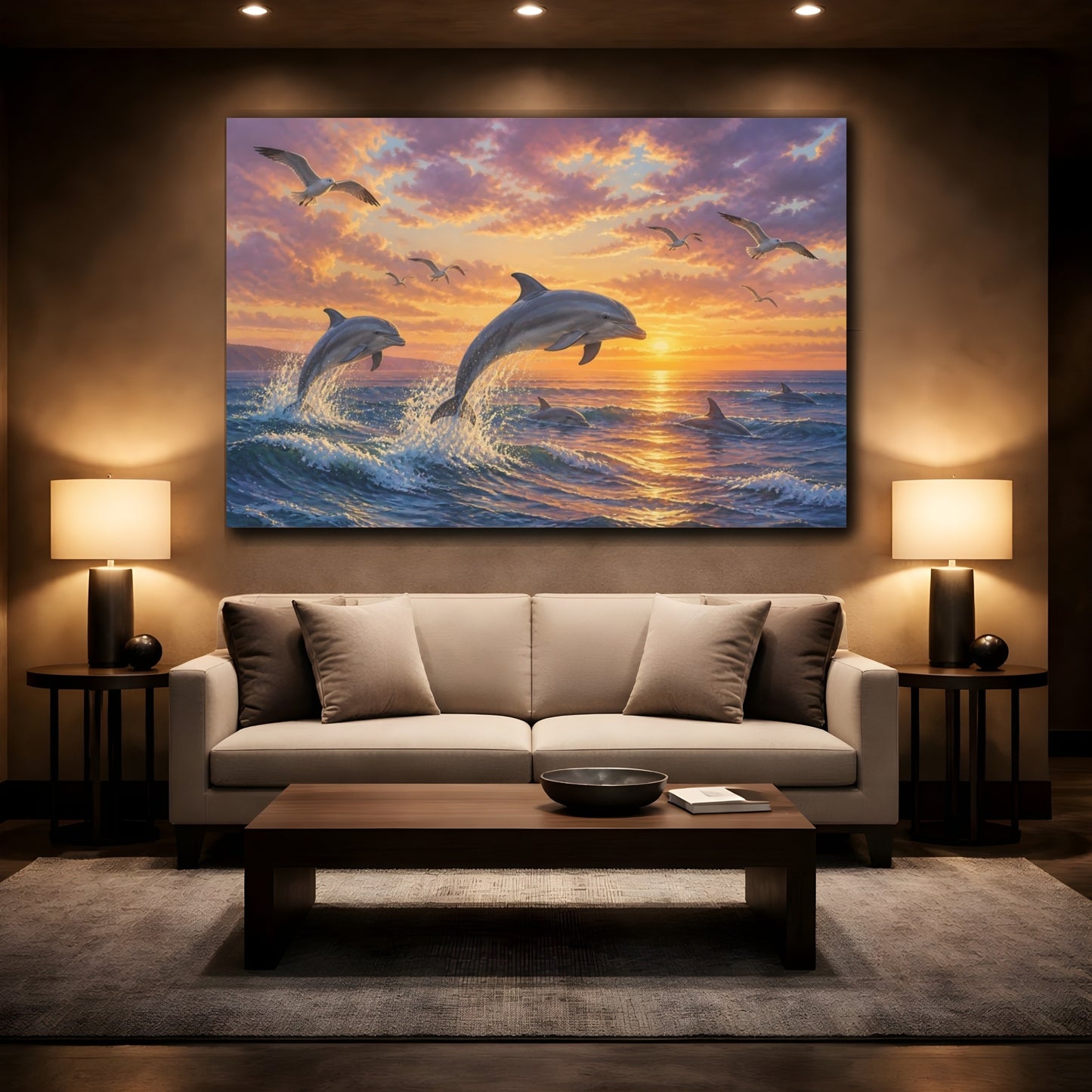 Mockup 2. Dolphins At Sunset Animals shown as canvas print