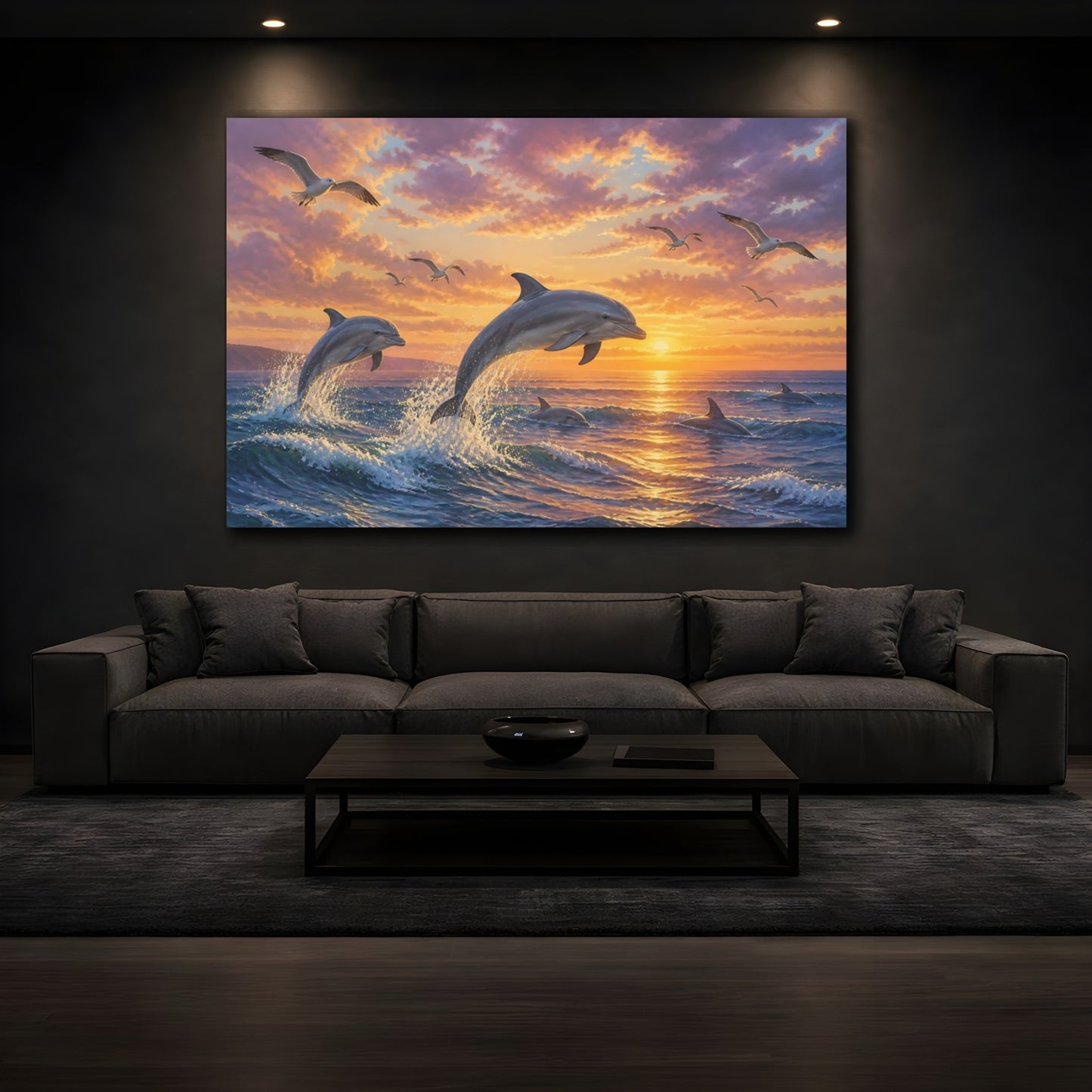 Mockup 3. Dolphins At Sunset Animals shown as canvas print