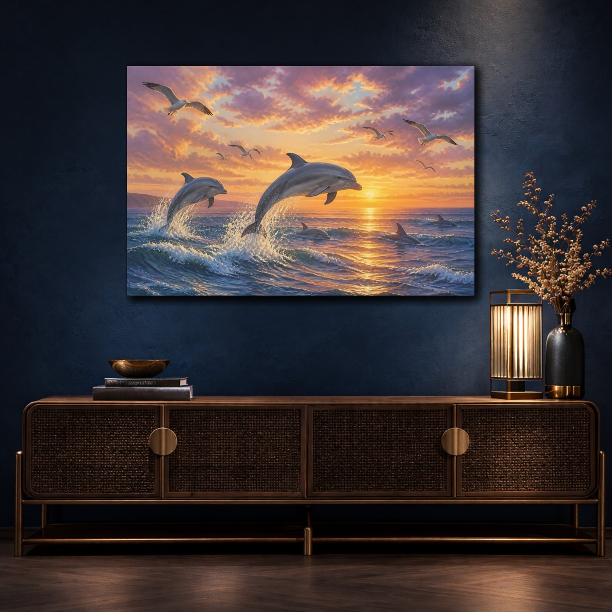 Mockup 4. Dolphins At Sunset Animals shown as canvas print