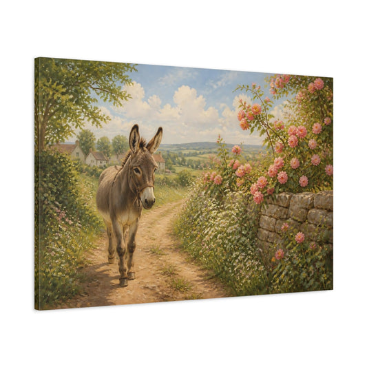 Main Mockup. Donkey On Country Lane shown as canvas print