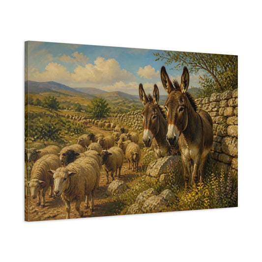 Main Mockup. Donkeys Beside Stone Wall shown as canvas print