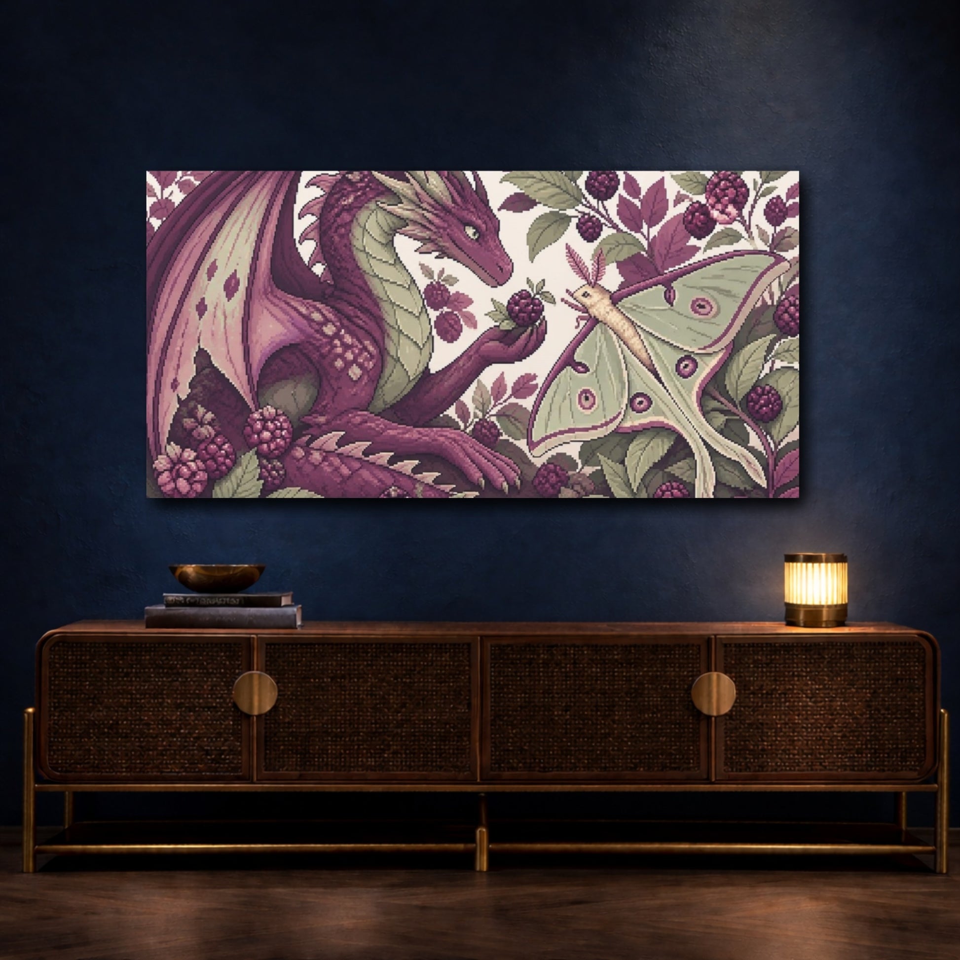 Mockup 4. Dragon And Moon Moth shown as canvas print