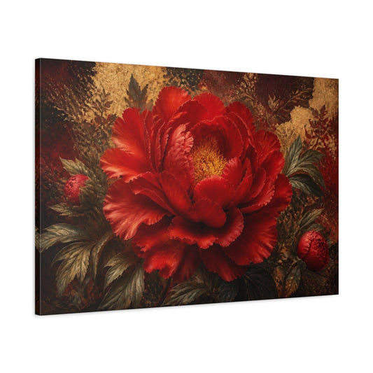 Main Mockup. Dramatic Red Peony Bloom shown as canvas print