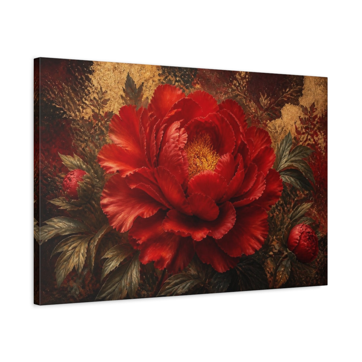 Side Mockup 2. Dramatic Red Peony Bloom shown as canvas print