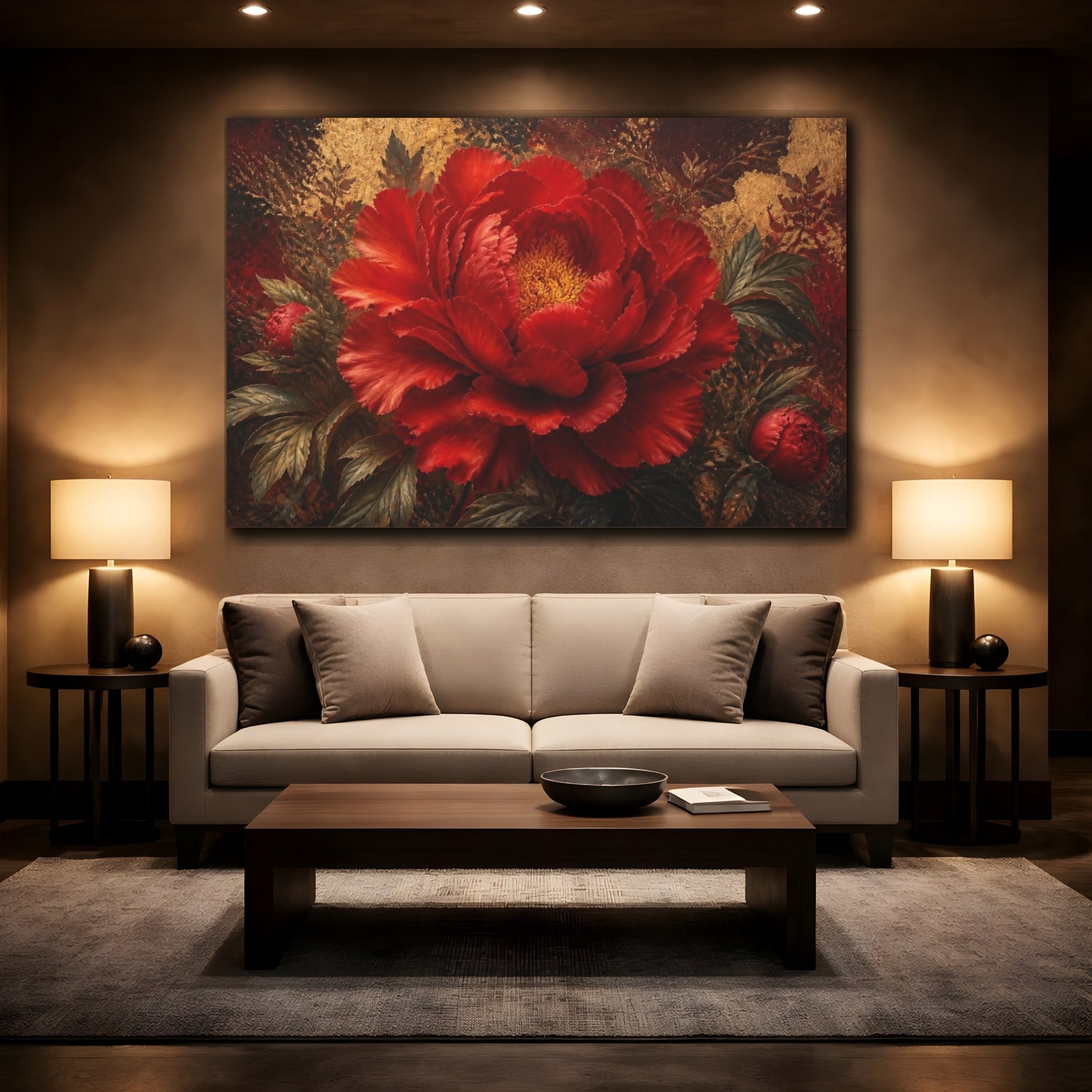 Mockup 2. Dramatic Red Peony Bloom shown as canvas print